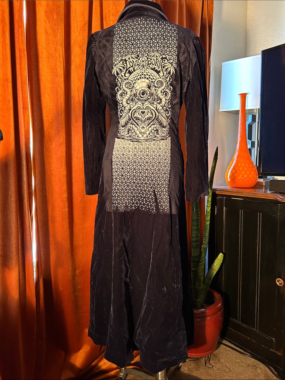 Msquared Dark Navy Velvet Long Robe with Lighter Navy Trim Altered Iron On